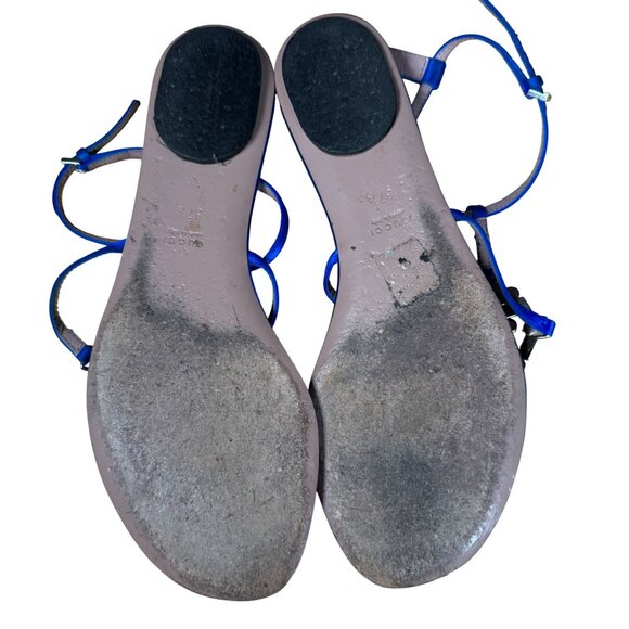 Gucci Crystal Interlocking GG T-Strap Flat Sandals Blue Satin Size 37.5 - Picture 7 of 10